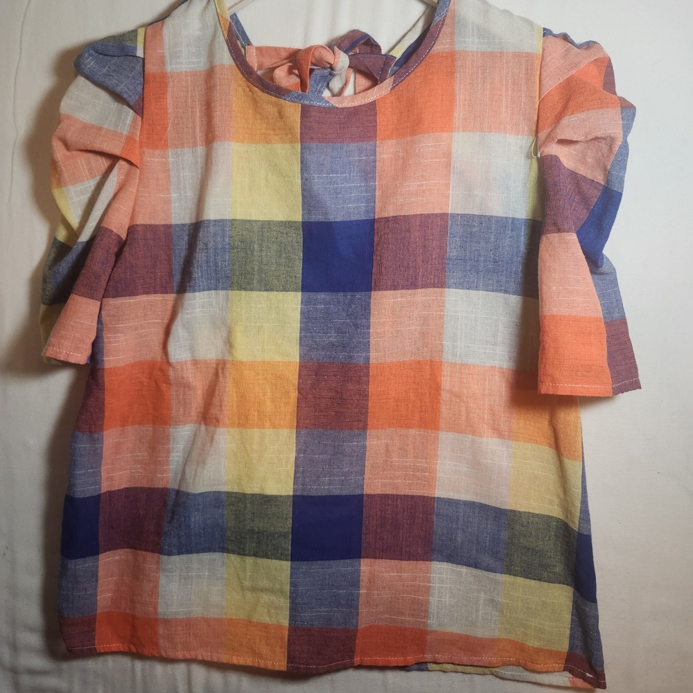 Multicolor Plaid Puff Sleeve Open Back Tie Blouse Orange Blue Yellow Large
